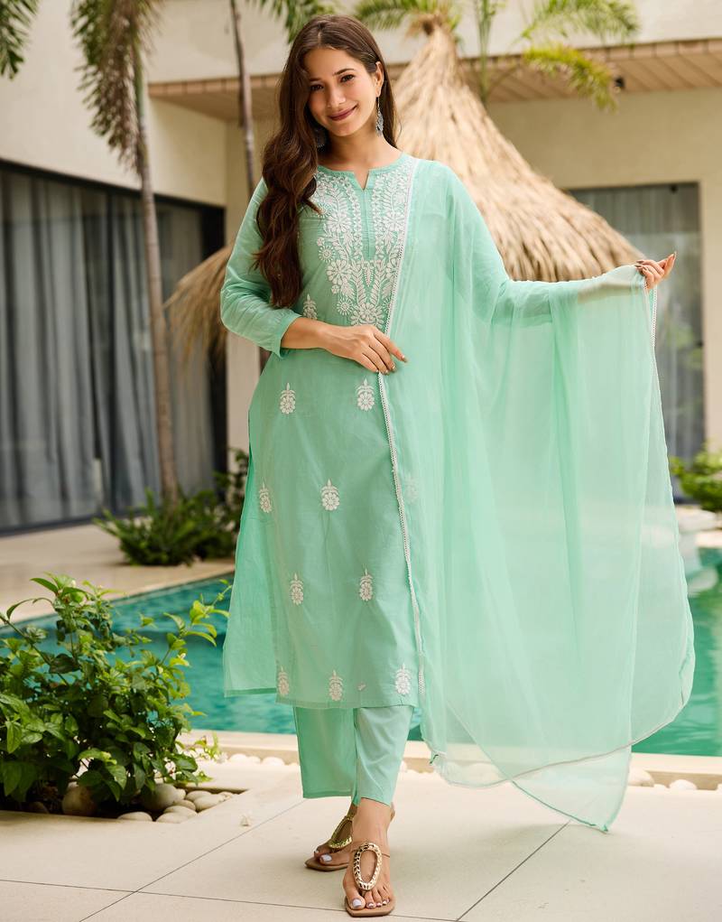 Turquoise color ceremonial wear cotton fabric readymade kurta set