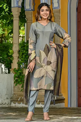 Grey color beautiful jari tissue fabric readymade stylish ethnic suits for girls