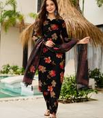 Black color silk blend fabric ethnic kurta set with designer printed