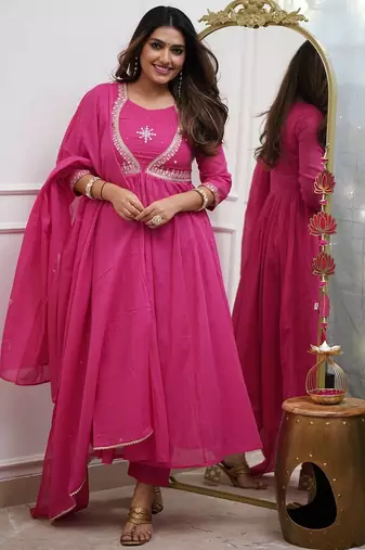 Pink color muslin fabric beautiful festive wear readyamde kurta set with dupatta