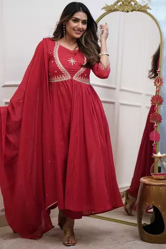 Red color muslin fabric beautiful festive wear readyamde kurta set with dupatta