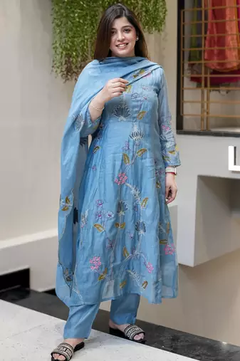 Sky blue color viscose chanderi fabric beautiful festive wear readyamde kurta set with dupatta