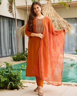 Rust color smart and festive readymade rayon fabic kurta set 1