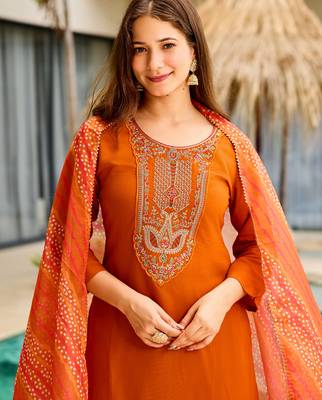 Rust color smart and festive readymade rayon fabic kurta set 3