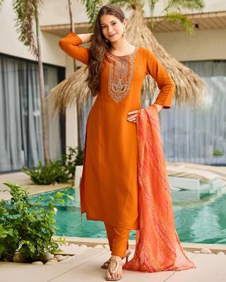 Rust color smart and festive readymade rayon fabic kurta set 4
