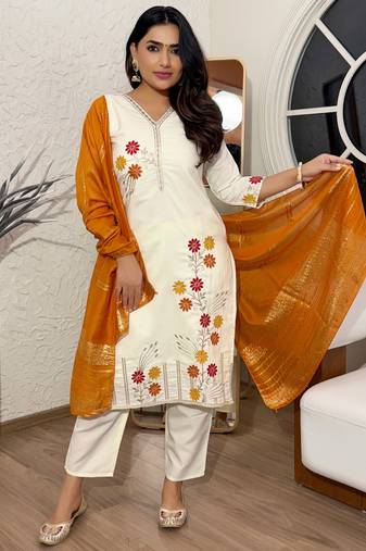 Cream color cotton silk fabric beautiful festive wear readyamde kurta set with dupatta