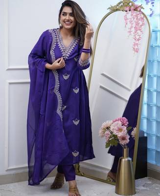 Blue color p v chanderi beautiful festive wear readyamde kurta set with dupatta 1