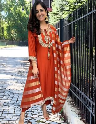 Orange color chanderi beautiful festive wear readyamde kurta set with dupatta 1