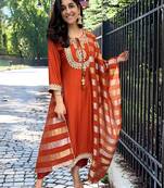Orange color chanderi fabric beautiful festive wear readyamde kurta set with dupatta