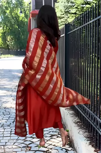 Orange color chanderi fabric beautiful festive wear readyamde kurta set with dupatta