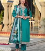 Teal blue color viscose chanderi fabric beautiful festive wear readyamde kurta set with dupatta
