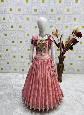 Designer Chinon Silk Embroidery With Digital Printed Peach Lehenga Choli 2