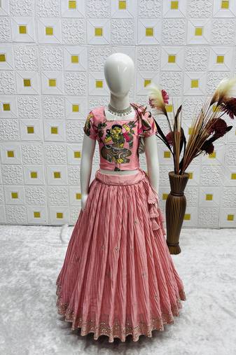 Designer Chinon Silk Embroidery With Digital Printed Peach Lehenga Choli