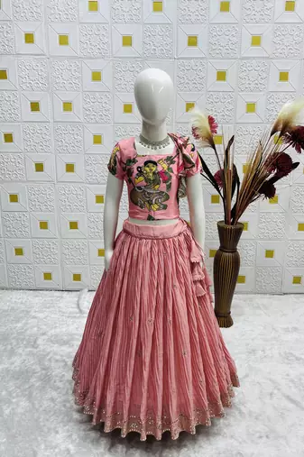 Designer Chinon Silk Embroidery With Digital Printed Peach Lehenga Choli