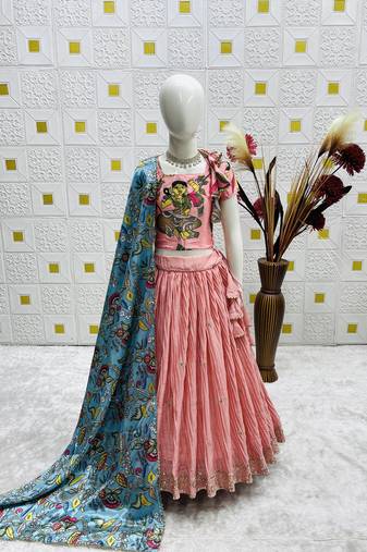 Designer Chinon Silk Embroidery With Digital Printed Peach Lehenga Choli