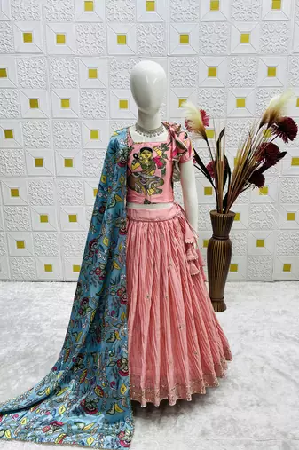 Designer Chinon Silk Embroidery With Digital Printed Peach Lehenga Choli