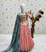 Designer Chinon Silk Embroidery With Digital Printed Peach Lehenga Choli