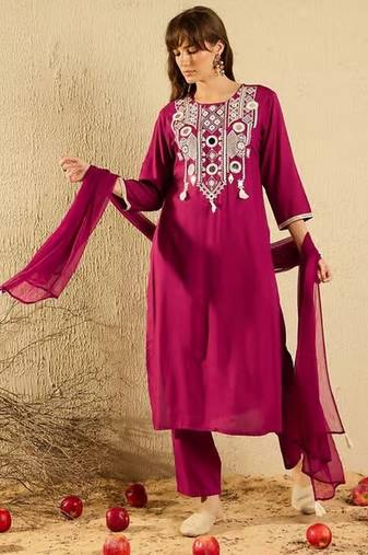 Burgundy color viscose chanderi fabric sophisticated partywear suit
