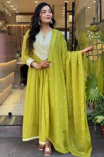 Green color beautiful chanderi fabric dress for graceful festive looks
