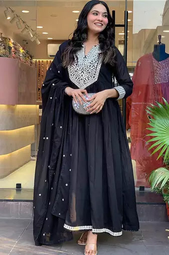 Black color beautiful chanderi fabric dress for graceful festive looks