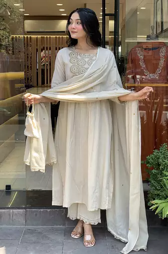 Off white color beautiful chanderi fabric dress for graceful festive looks