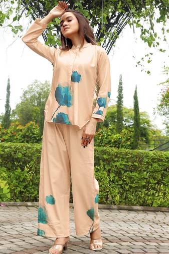 Peach color rayon fabric designer digital printed readymade co ord set
