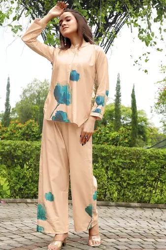 Peach color rayon fabric designer digital printed readymade co ord set