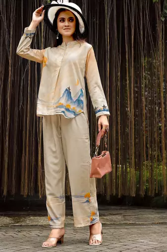 Cream color rayon fabric designer digital printed readymade co ord set