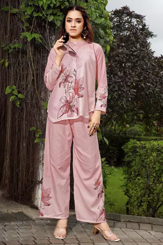 Pink color rayon fabric designer digital printed readymade co ord set
