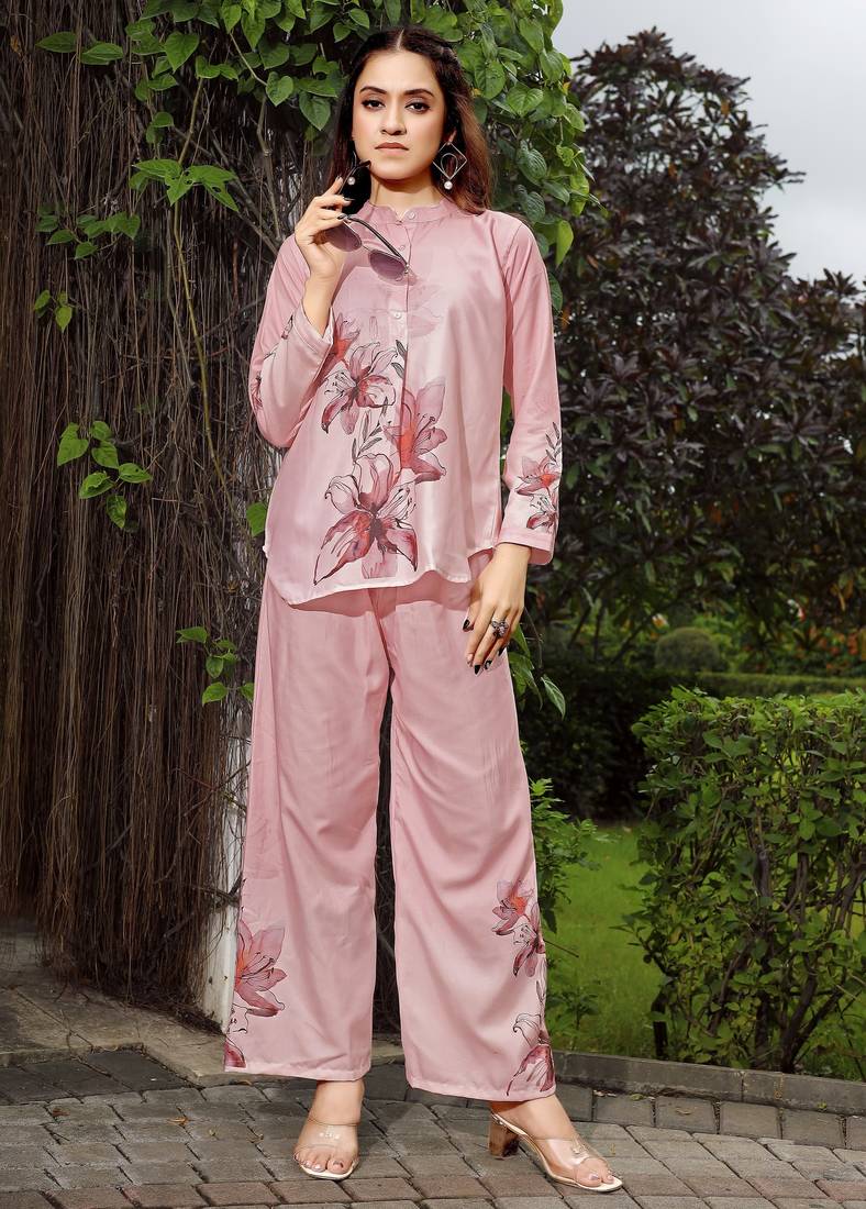Pink color rayon fabric designer digital printed readymade co ord set