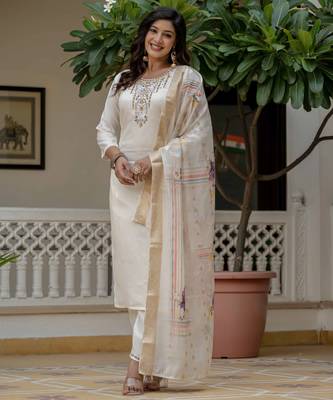 Off white color roman silk graceful festive special kurta set 1