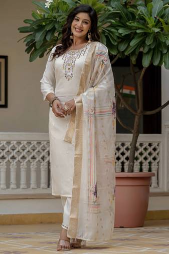 Off white color roman silk fabric graceful festive special kurta set