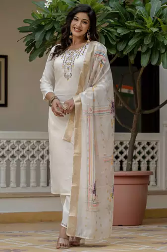 Off white color roman silk fabric graceful festive special kurta set