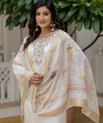 Off white color roman silk graceful festive special kurta set 3