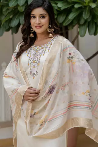 Off white color roman silk graceful festive special kurta set