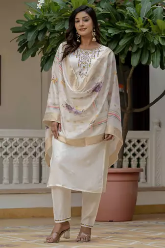 Off white color roman silk graceful festive special kurta set