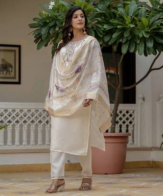 Off white color roman silk graceful festive special kurta set 5