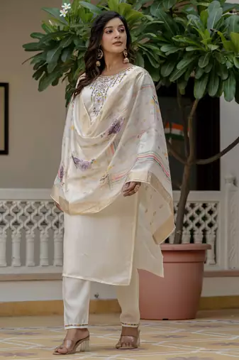 Off white color roman silk graceful festive special kurta set