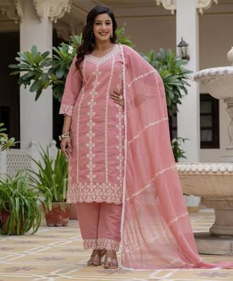 Peach color roman silk graceful festive special kurta set 1