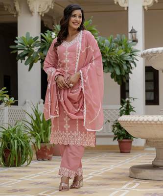 Peach color roman silk graceful festive special kurta set 4