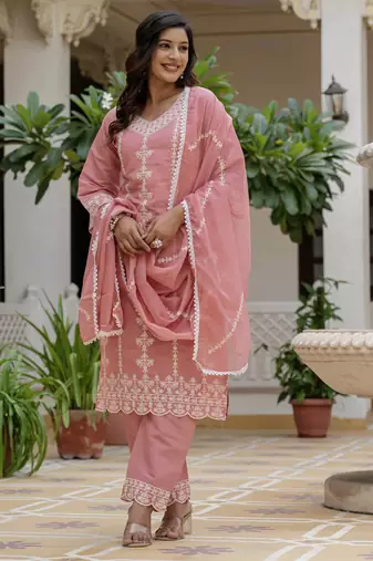 Peach color roman silk graceful festive special kurta set