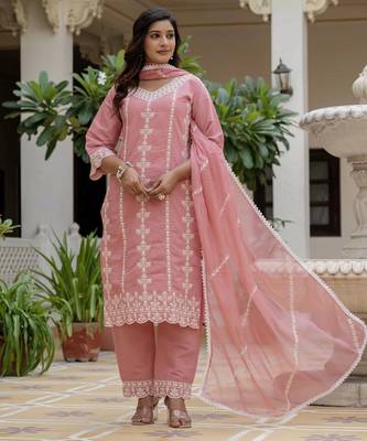 Peach color roman silk graceful festive special kurta set 5