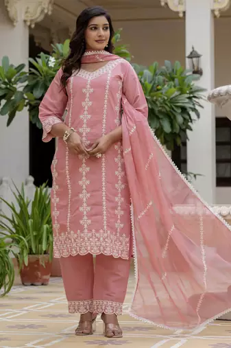 Peach color roman silk graceful festive special kurta set