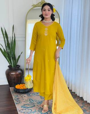Yellow color smart and festive readymade rayon fabic kurta set 1