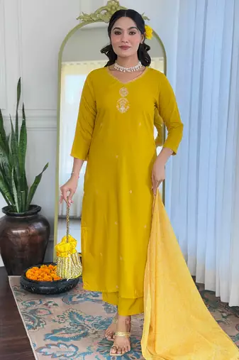 Yellow color smart and festive readymade rayon fabic kurta set