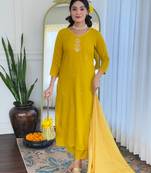Yellow color smart and festive readymade rayon fabic kurta set