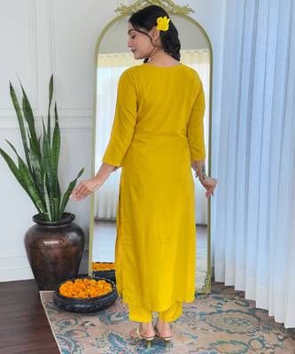 Yellow color smart and festive readymade rayon fabic kurta set 2