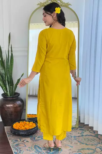 Yellow color smart and festive readymade rayon fabic kurta set