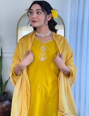 Yellow color smart and festive readymade rayon fabic kurta set 3