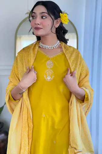 Yellow color smart and festive readymade rayon fabic kurta set
